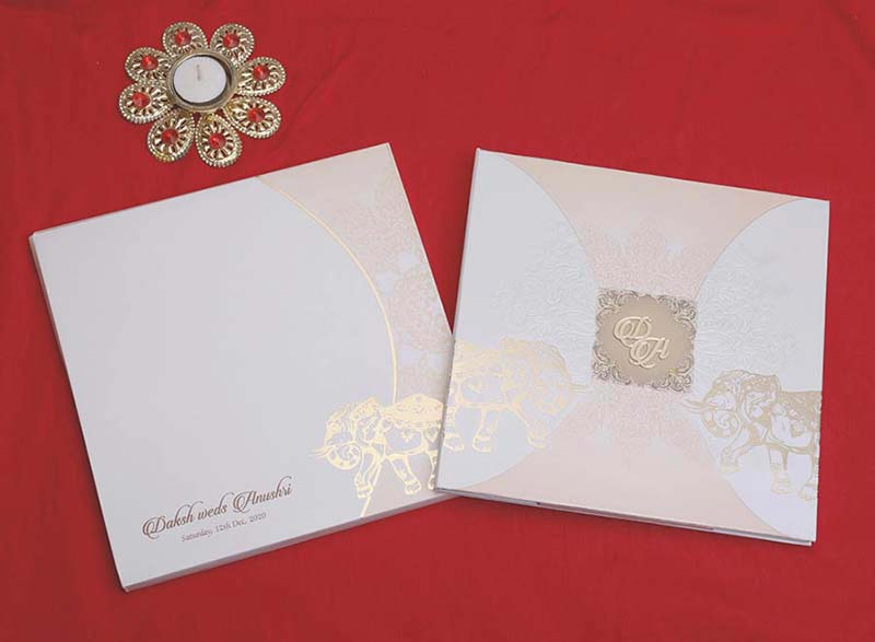 Indian Wedding Invitation Card in Ivory with Royal Elephants - Click Image to Close