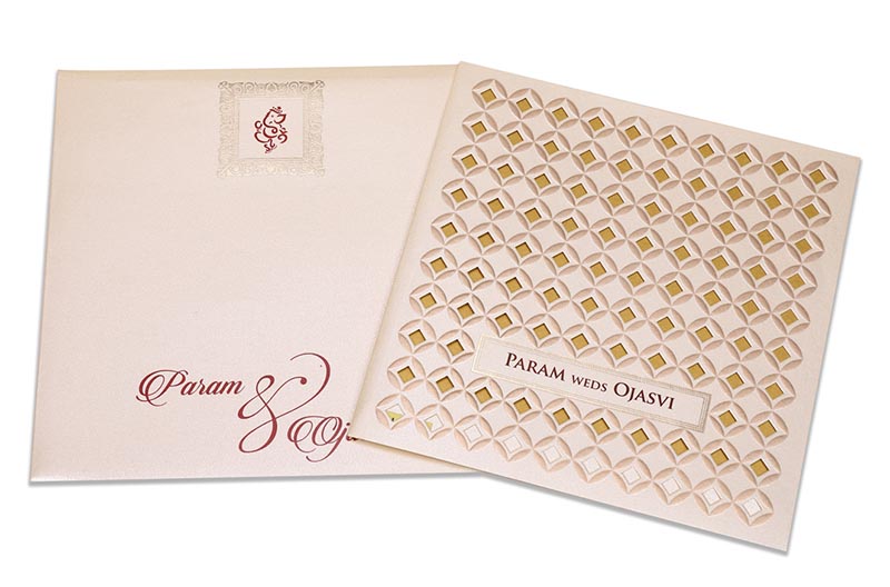 Indian wedding invitation in laser cut geometric pattern in cream colour - Click Image to Close