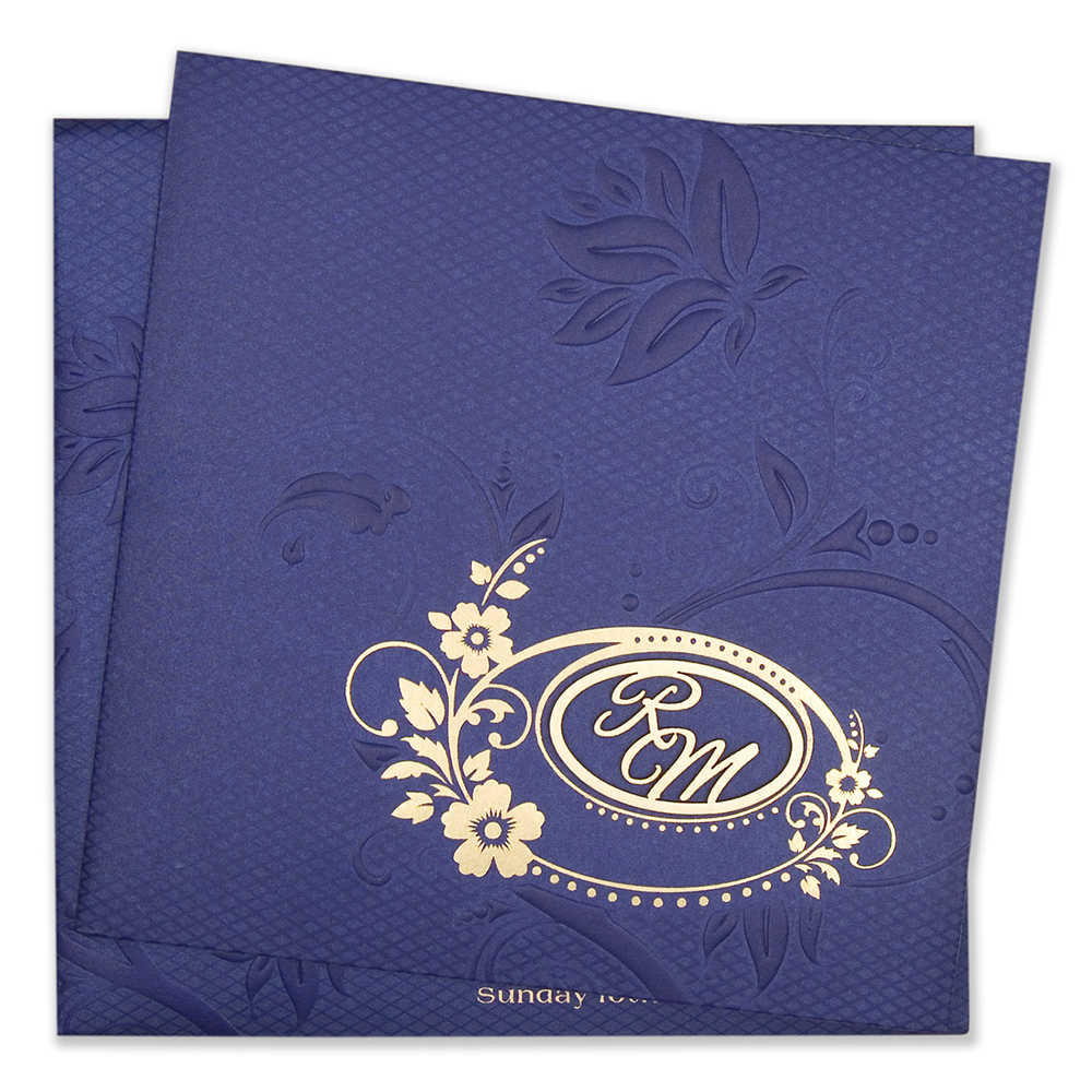 Indian wedding invitation in navy blue with embossed floral design - Click Image to Close