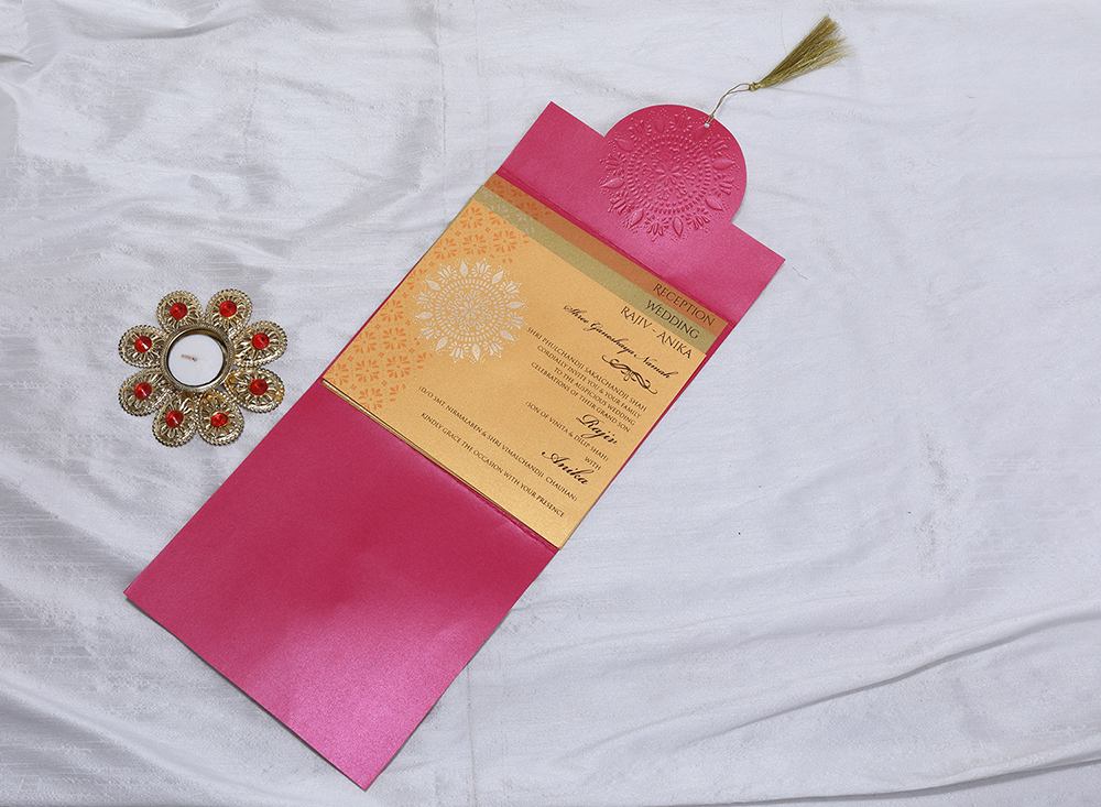 Indian wedding invitation in pink with designer motifs - Click Image to Close