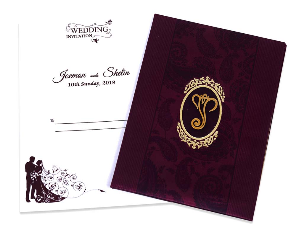 Indian wedding invitation in purple satin with paisley design - Click Image to Close