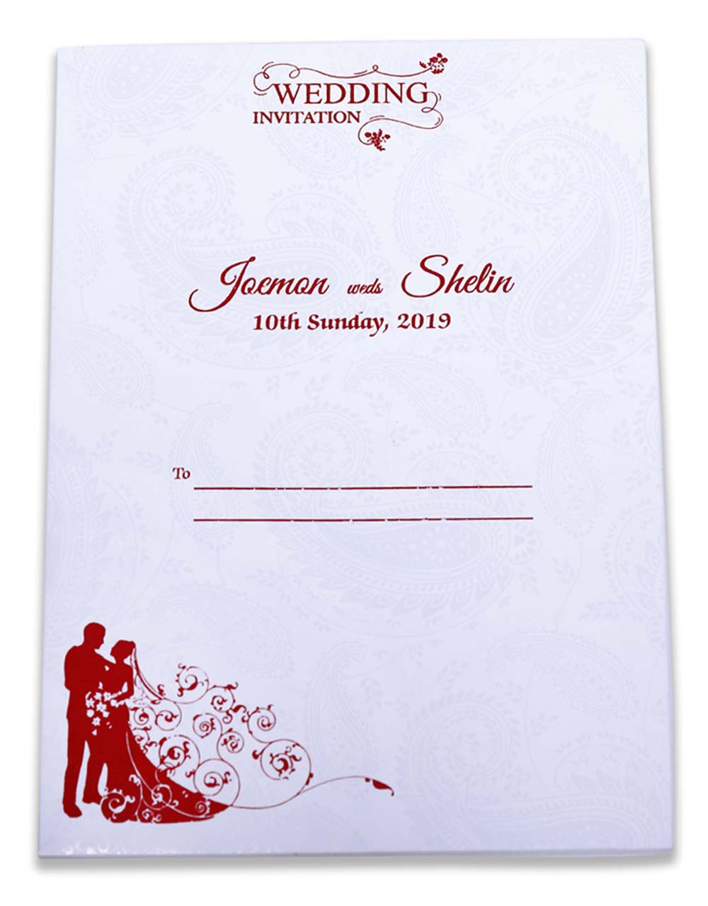 Indian wedding invitation in red satin with paisley design - Click Image to Close