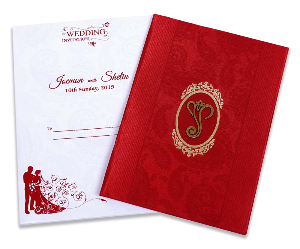 Indian wedding invitation in red satin with paisley design