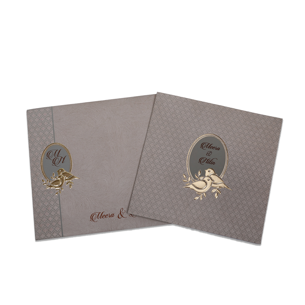 Indian wedding invitation in slate brown with birds in golden - Click Image to Close