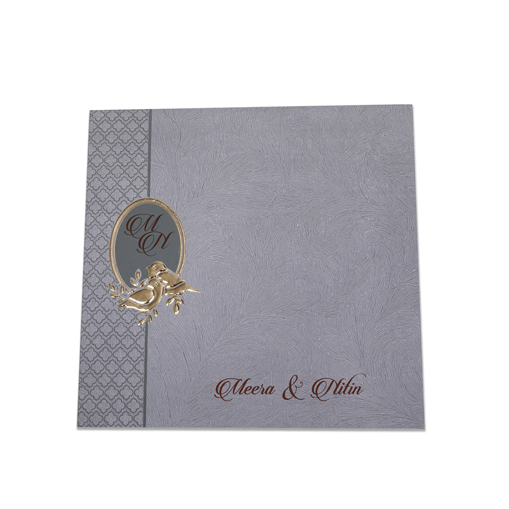Indian wedding invitation in slate green with birds in golden - Click Image to Close