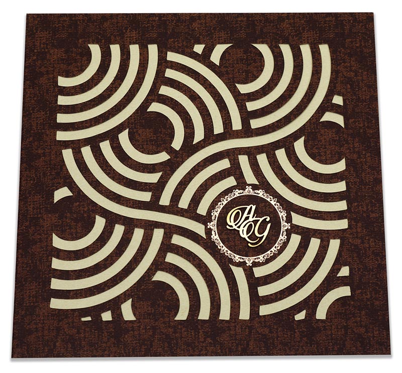 Indian wedding Invitation with circular geometric patterns in brown - Click Image to Close