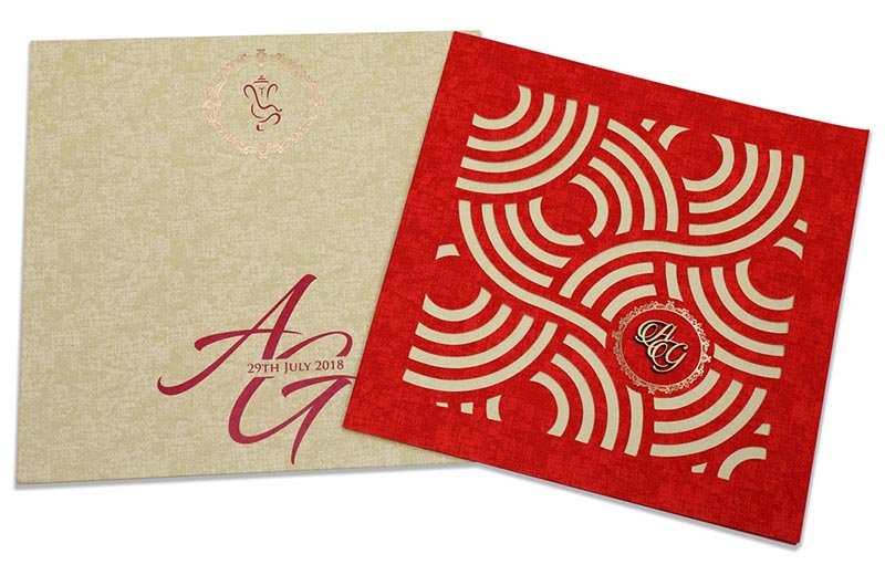 Indian wedding Invitation with circular geometric patterns in red - Click Image to Close