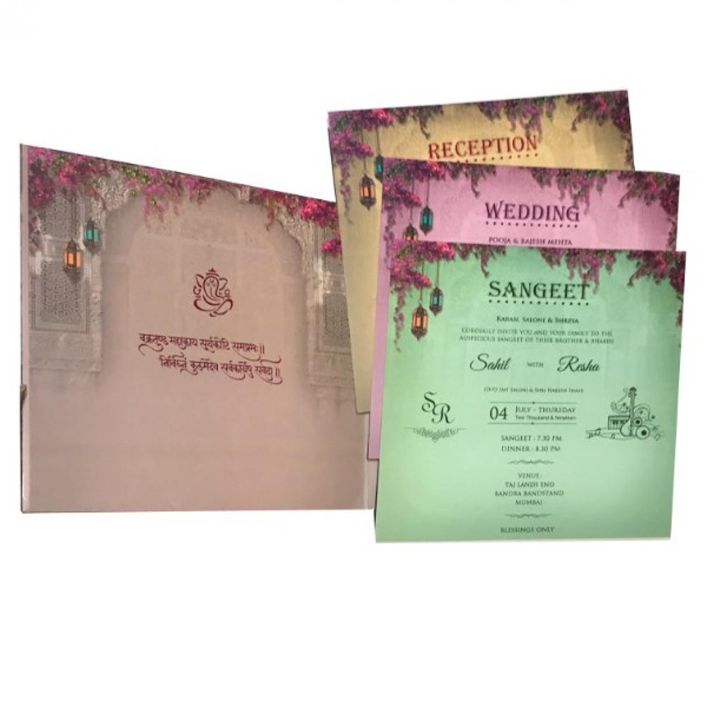 Indian wedding invite with Royal elephants and hanging lamps - Click Image to Close
