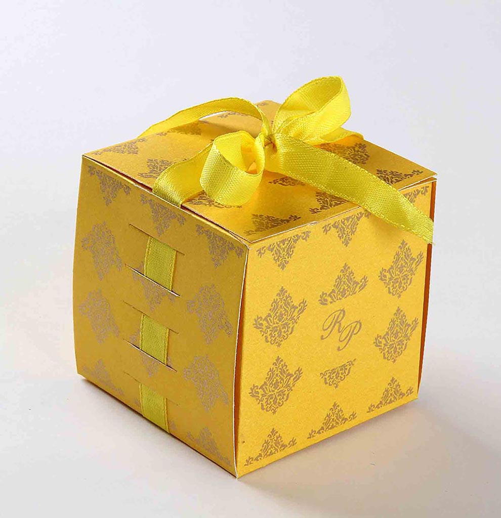 Indian Wedding Party Favor Box in Yellow with the Ribbons - Click Image to Close