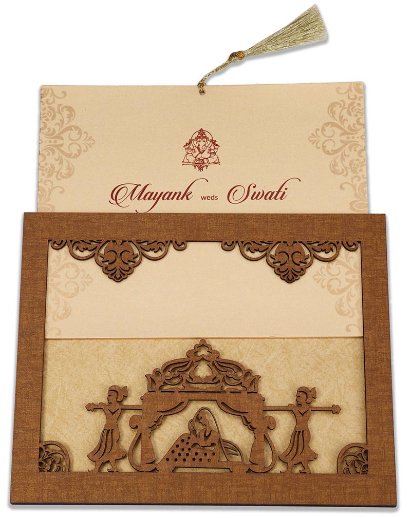 Invitation in laser cut photo frame with a bride & palanquin bearers - Click Image to Close