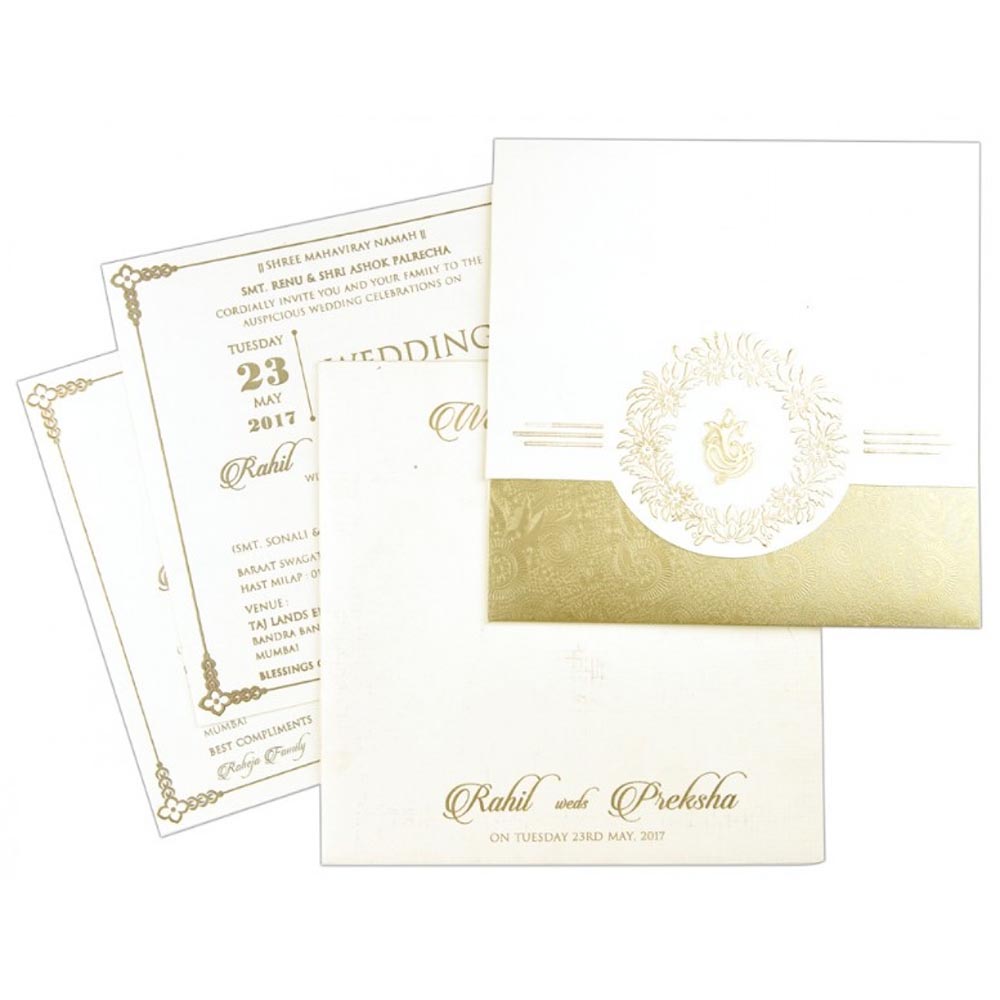 Ivory and Golden Ganesha theme hindu wedding invite