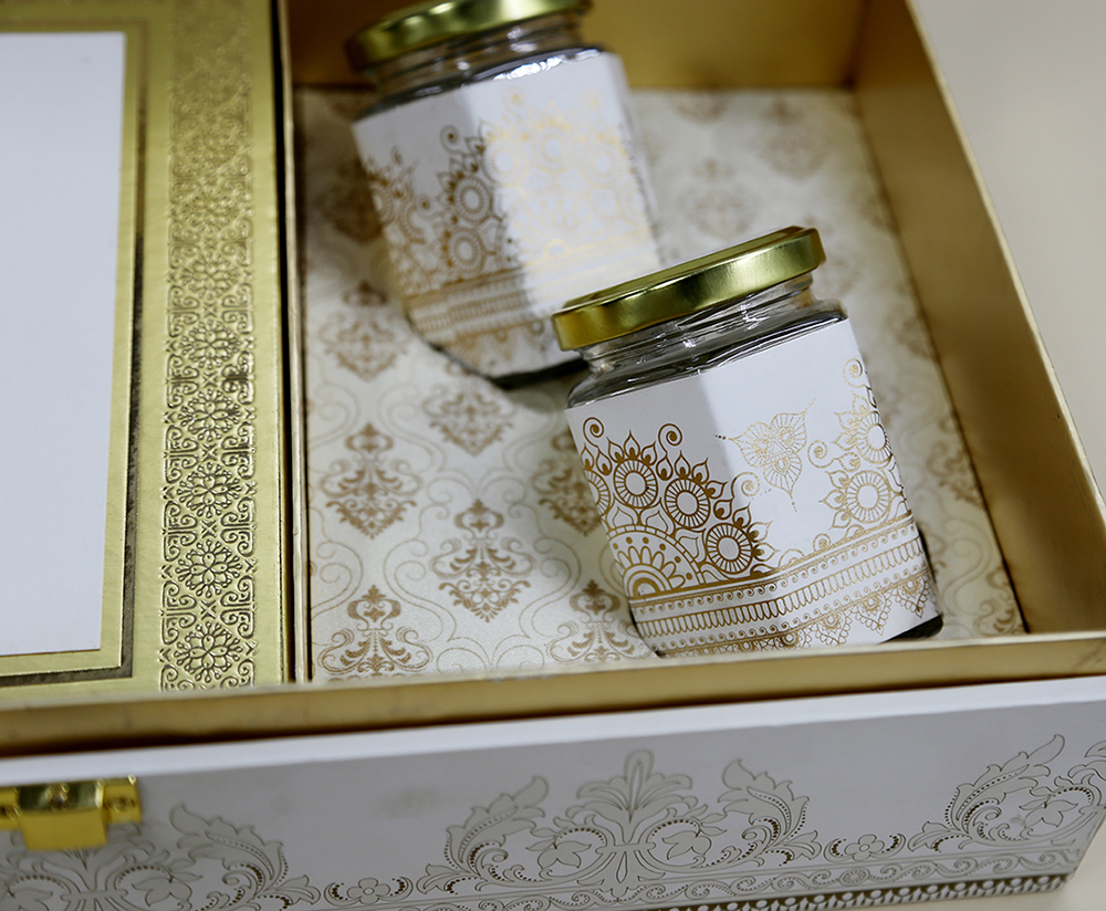 Ivory color designer wedding box invite with sweet jars - Click Image to Close