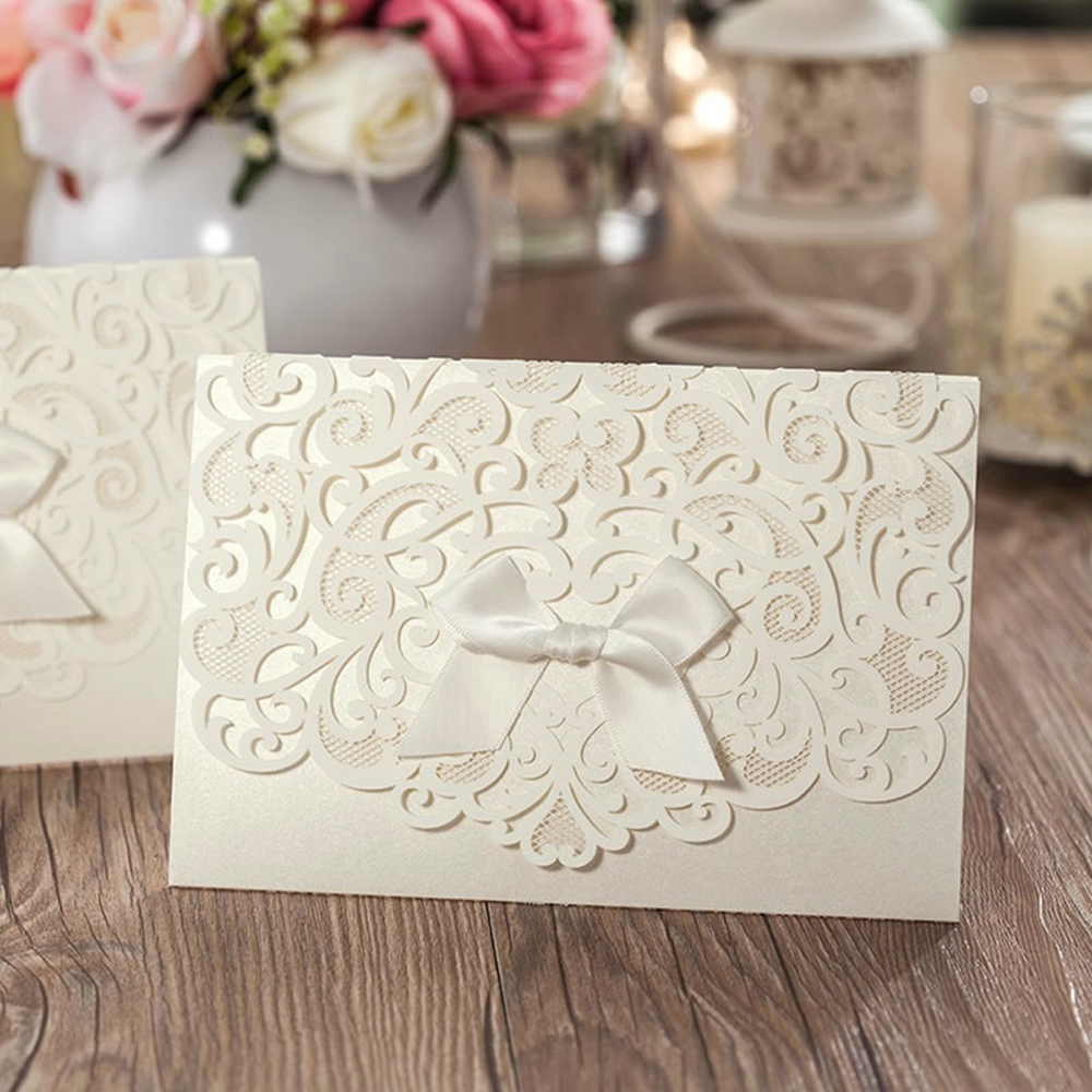 Ivory Laser Cut Flower with Bow knot Classic Wedding Invitations - Click Image to Close
