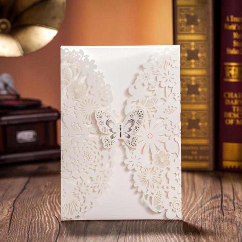 Ivory Wedding Invitations Cards With Butterfly & Laser Cut Flowers - Click Image to Close
