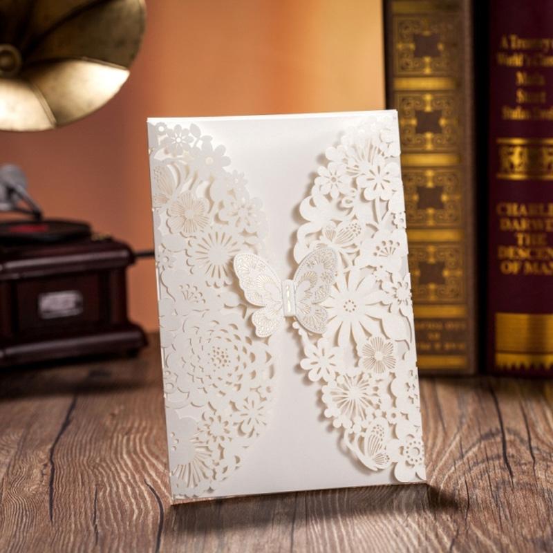 Ivory Wedding Invitations Cards With Butterfly & Laser Cut Flowers - Click Image to Close