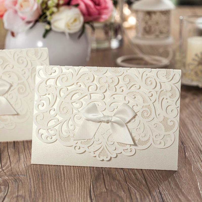 Ivory White Laser Cut Flower with Bowknot Wedding Invitations - Click Image to Close
