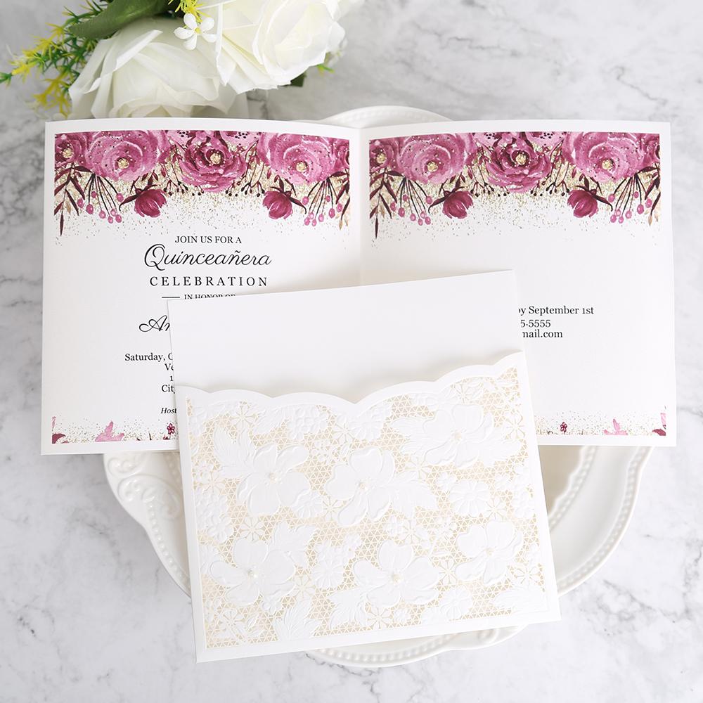 Ivory White Small Pearl Lace Wedding Invitation Cards - Click Image to Close