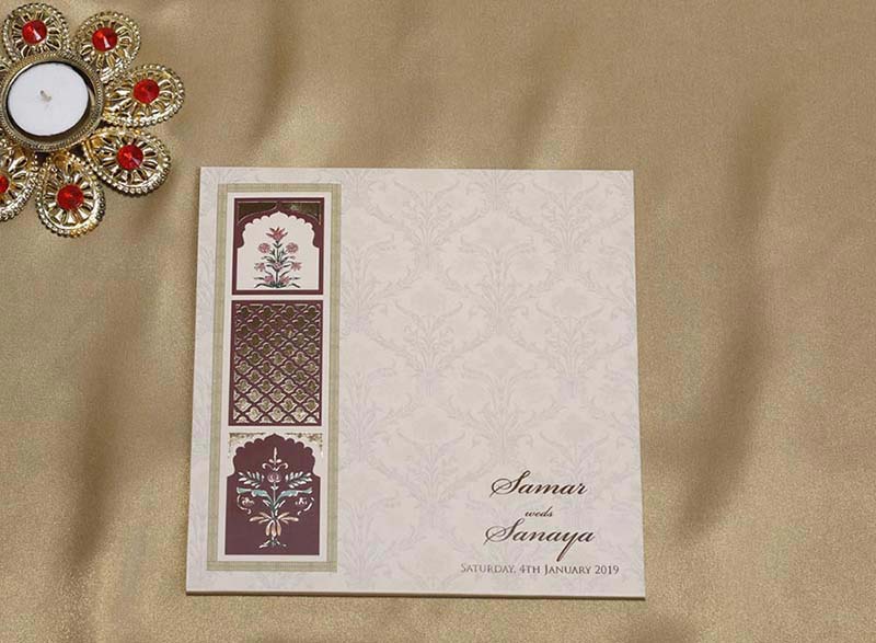 Japiur Jharokha Style Indian Wedding Card in Beige Colour - Click Image to Close