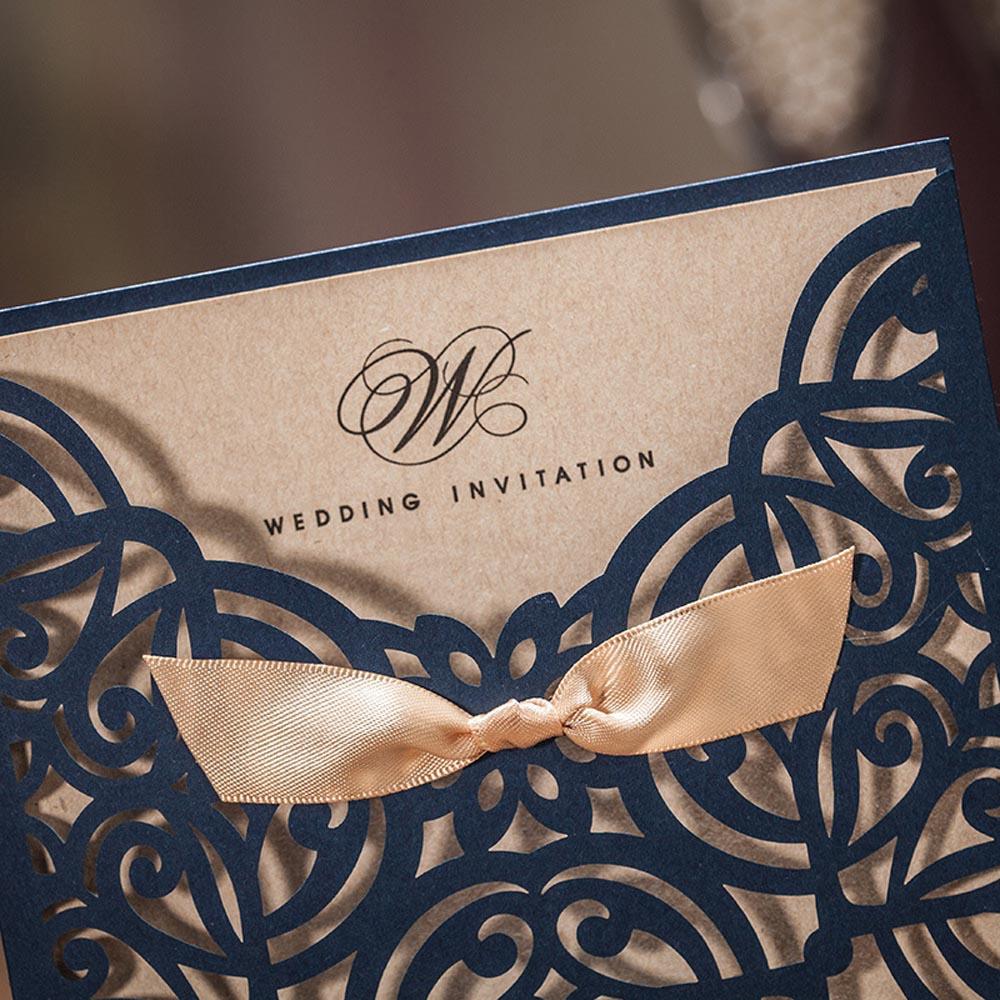Lace Bowknot Vintage Laser Cut Flowers Wedding Invitation in Blue - Click Image to Close
