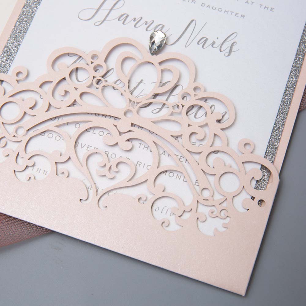 Laser cut crown design with rhinestone wedding invite in multiple colours - Click Image to Close