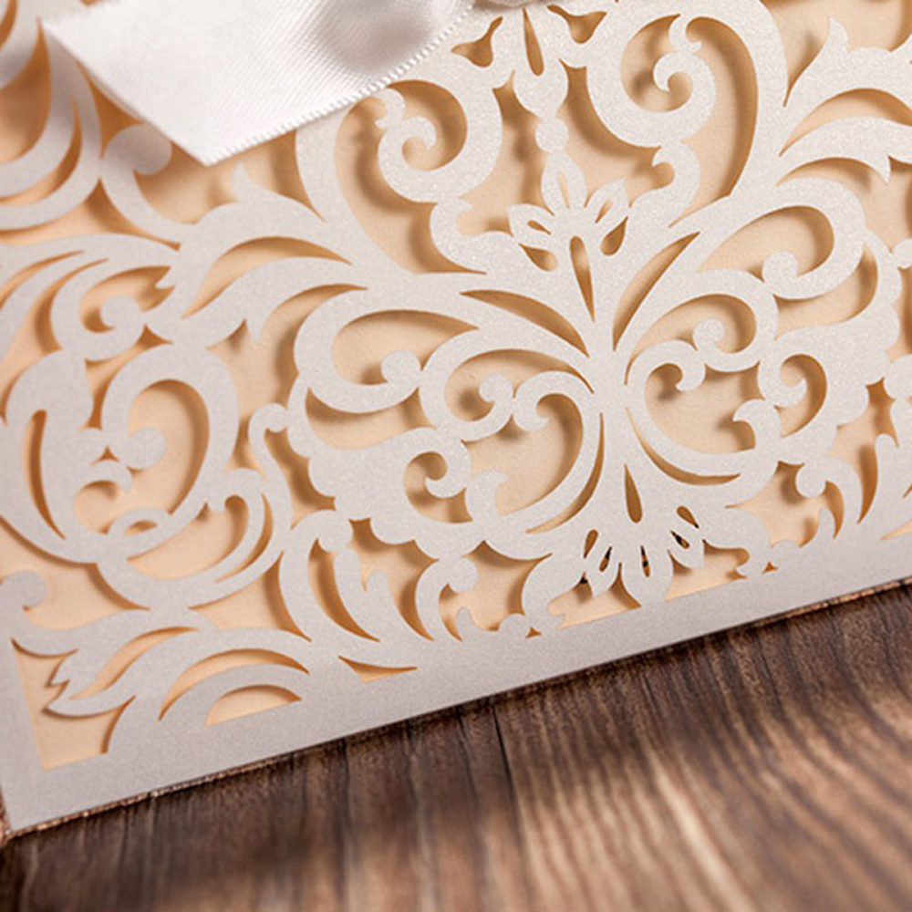 Laser Cut Flower with Bowknot Lace Pocket Wedding Invitation - Click Image to Close