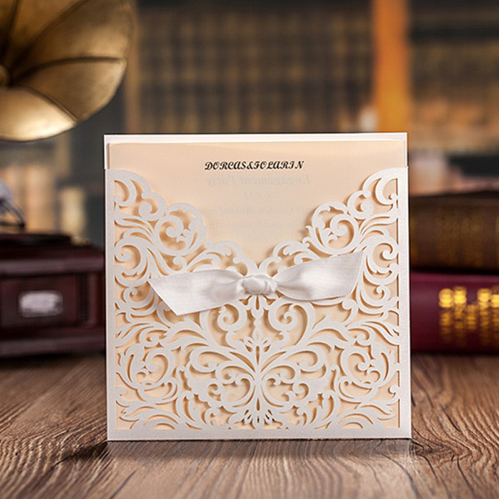 Laser Cut Flower with Bowknot Lace Pocket Wedding Invitation - Click Image to Close
