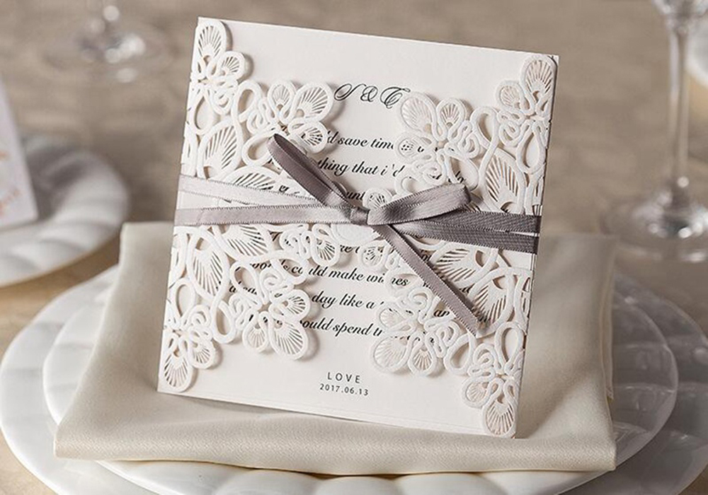 Laser Cut Flower with Coffee Bow knot Wedding Invitations - Click Image to Close