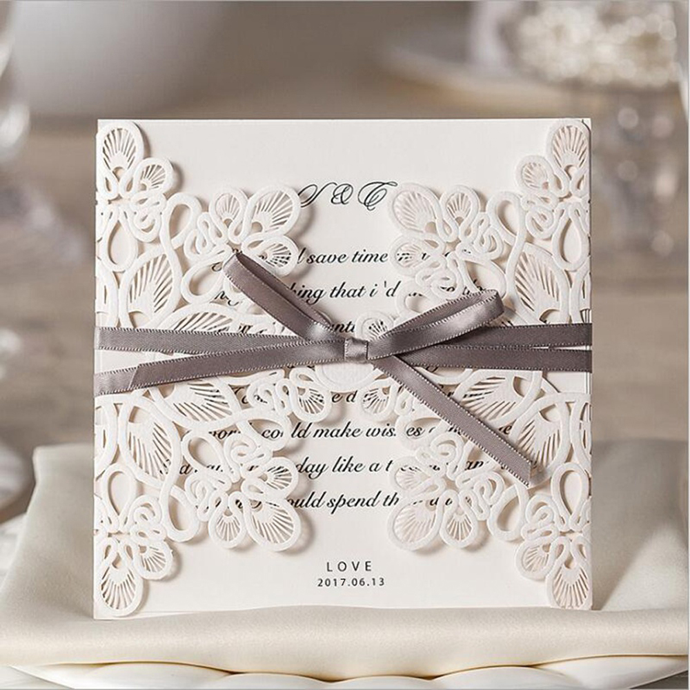 Laser Cut Flower with Coffee Bow knot Wedding Invitations - Click Image to Close