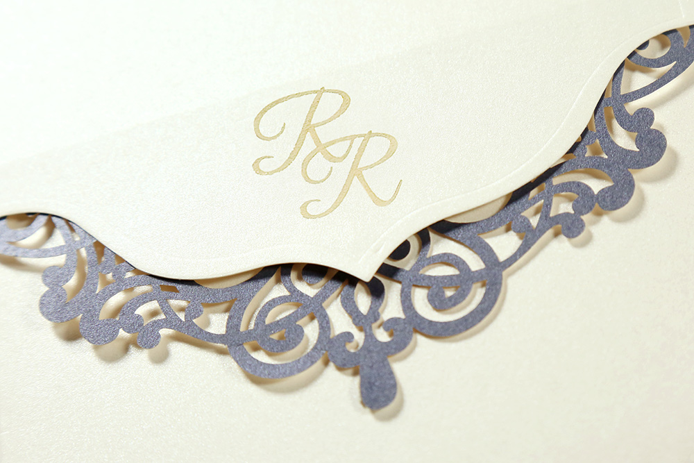 Laser cut invitation card in Ivory and Blue - Click Image to Close