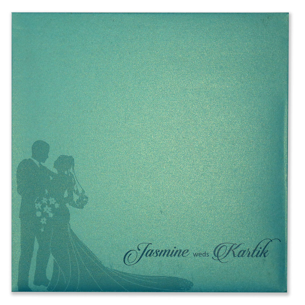 Laser cut invite with wedding couple in turquoise blue - Click Image to Close