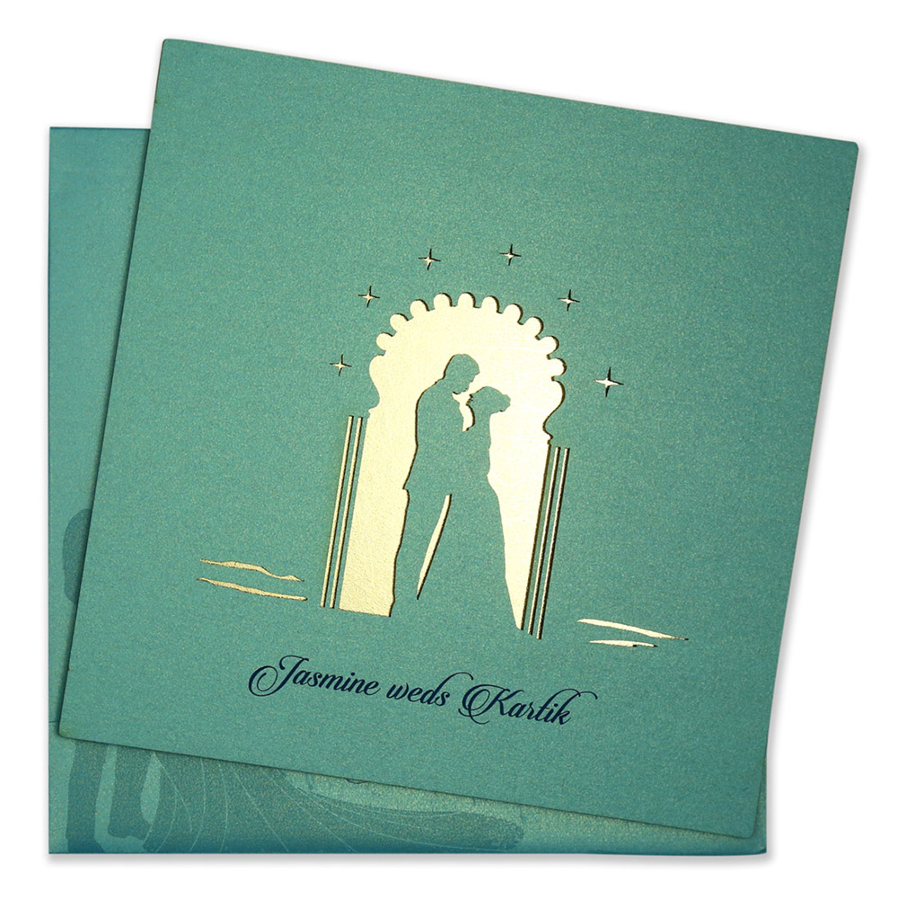 Laser cut invite with wedding couple in turquoise blue - Click Image to Close