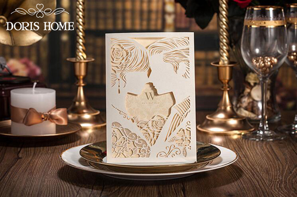 Laser Cut Ivory Bride & Groom Wedding Invitations - Click Image to Close