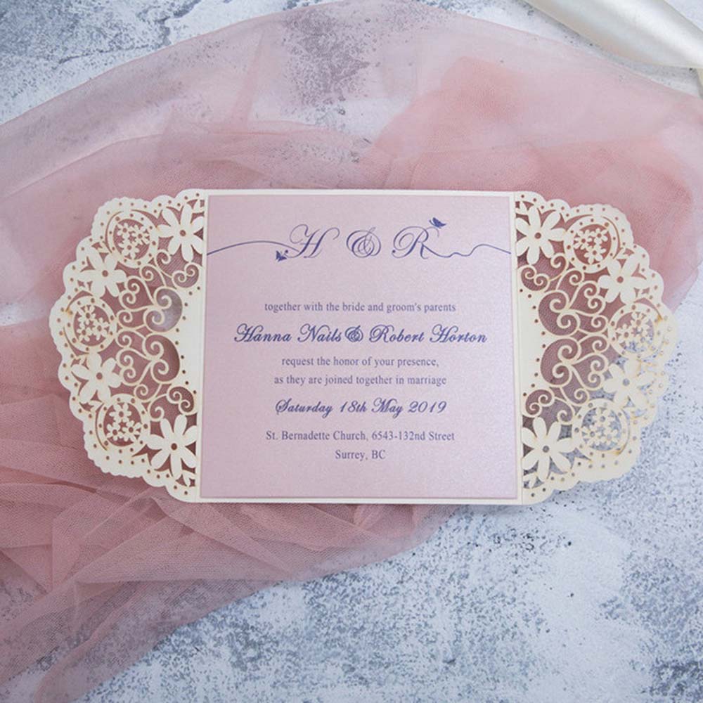 Laser cut wedding invitation in cream with ribbon bow and embellishments - Click Image to Close
