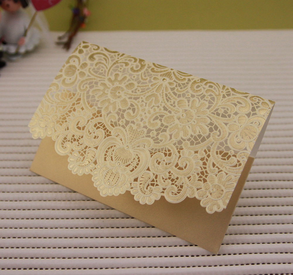 Laser Cut Wedding Invitation with Golden Floral Designs - Click Image to Close
