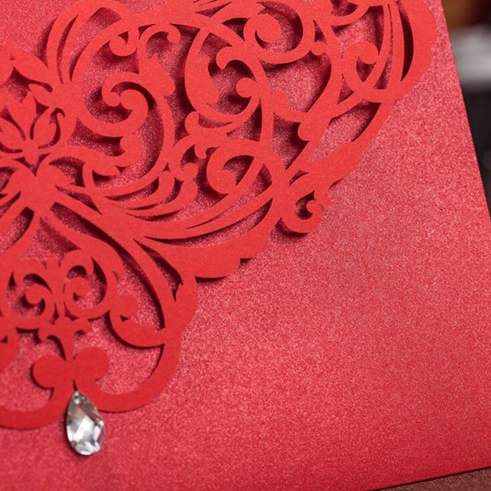 Laser Cut Wedding Invitation with Red Floral Design and Rhinestone - Click Image to Close