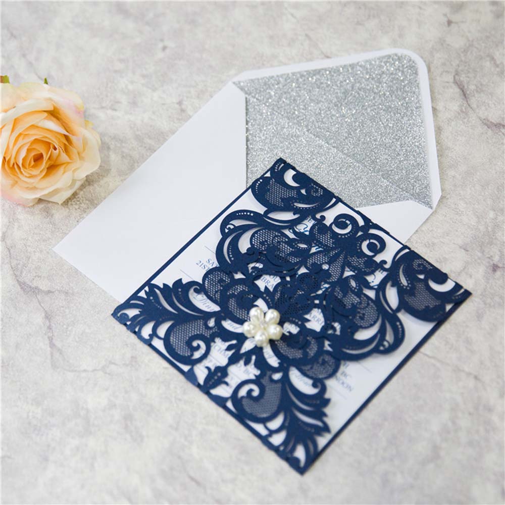Laser cut wedding invite in combination of silver glitter and navy with RSVP - Click Image to Close