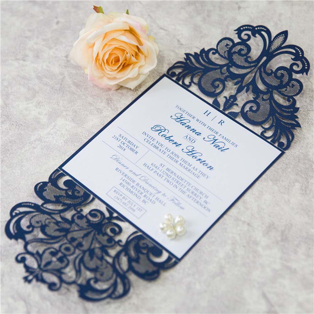 Laser cut wedding invite in combination of silver glitter and navy with RSVP - Click Image to Close