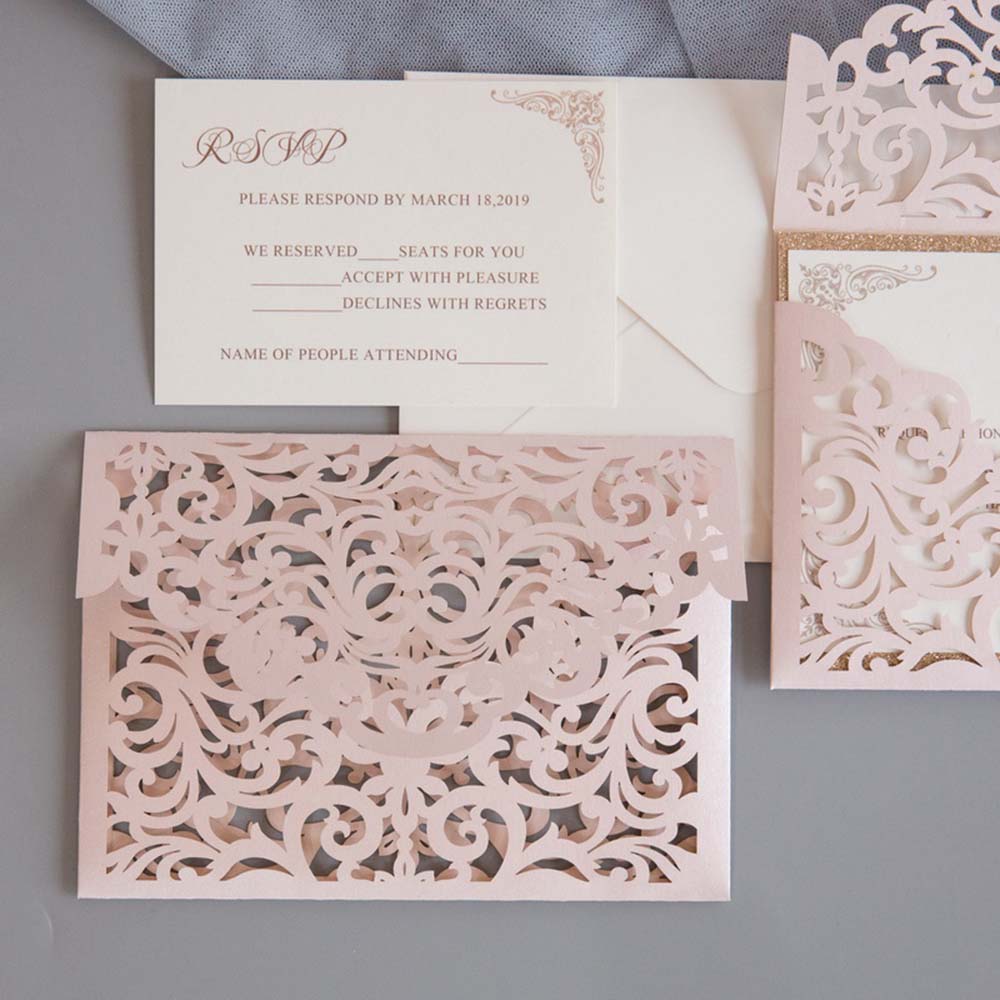 Laser cutt wedding invitation in shimmer blush and rose gold glitter - Click Image to Close