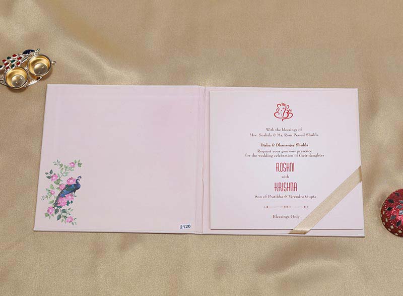 Light Pink Colour Peacock Design Indian Wedding Invitation - Click Image to Close