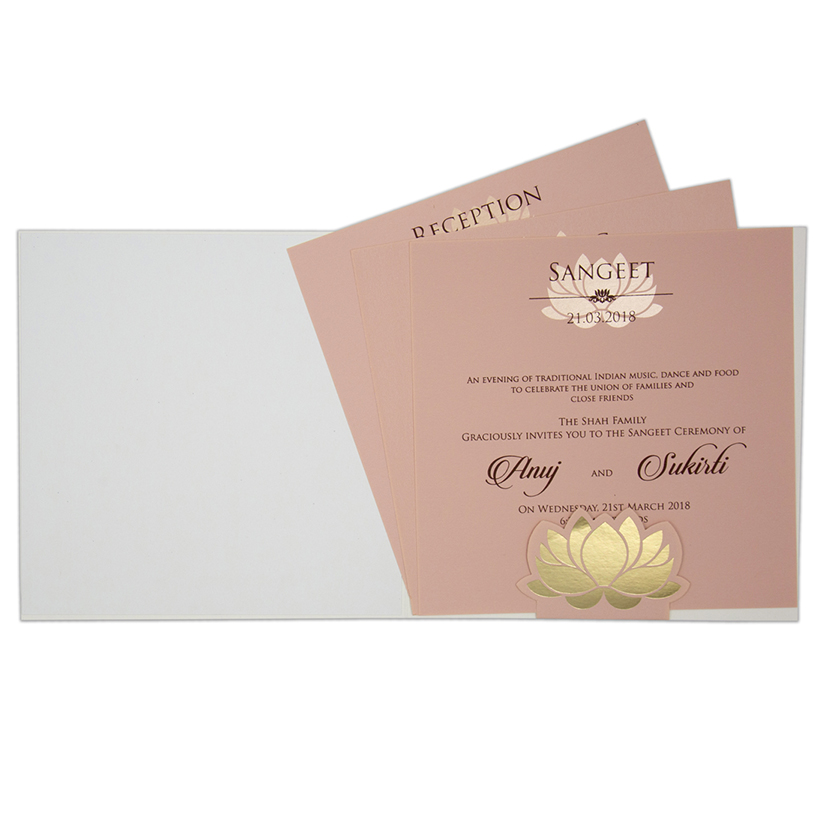 Lotus design multifaith Indian wedding card in rose blush & golden - Click Image to Close
