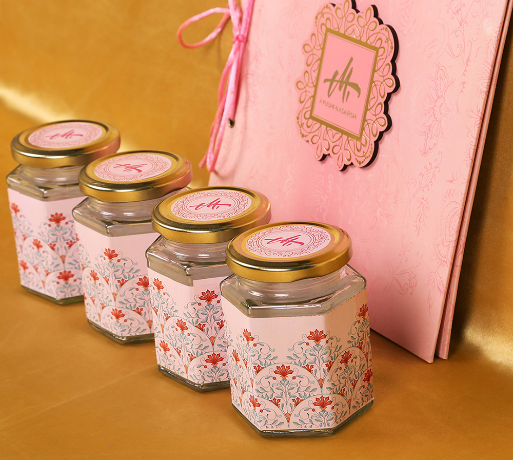 Lotus theme floral wedding boxed invite in pink colour with sweett jars - Click Image to Close