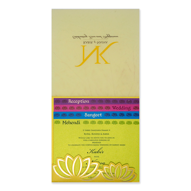 Lotus themed Indian wedding invitation card in yellow - Click Image to Close