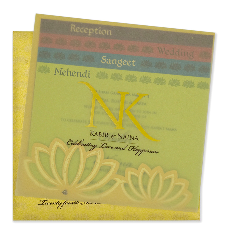 Lotus themed Indian wedding invitation card in yellow