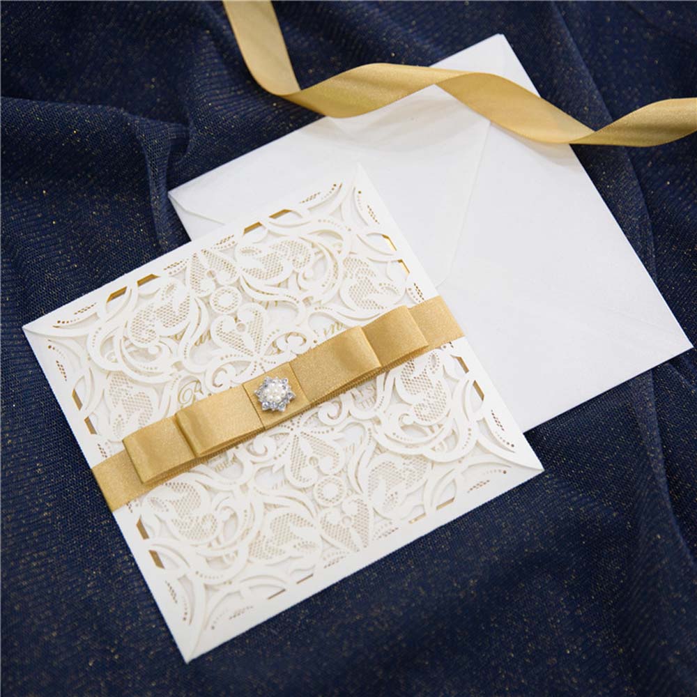 Luxurious Lace Wedding Invitation & RSVP set with Golden Ribbon - Click Image to Close