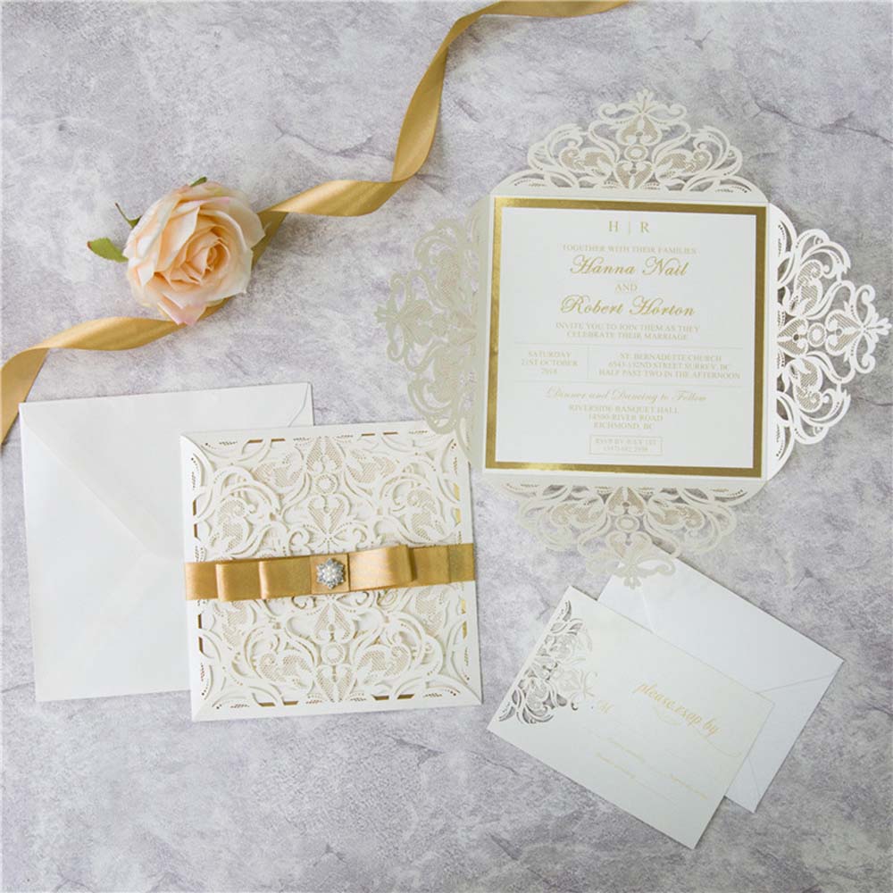 Luxurious Lace Wedding Invitation & RSVP set with Golden Ribbon