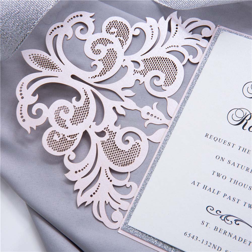 Luxurious laser cut wedding invite in pink and silver glitter - Click Image to Close