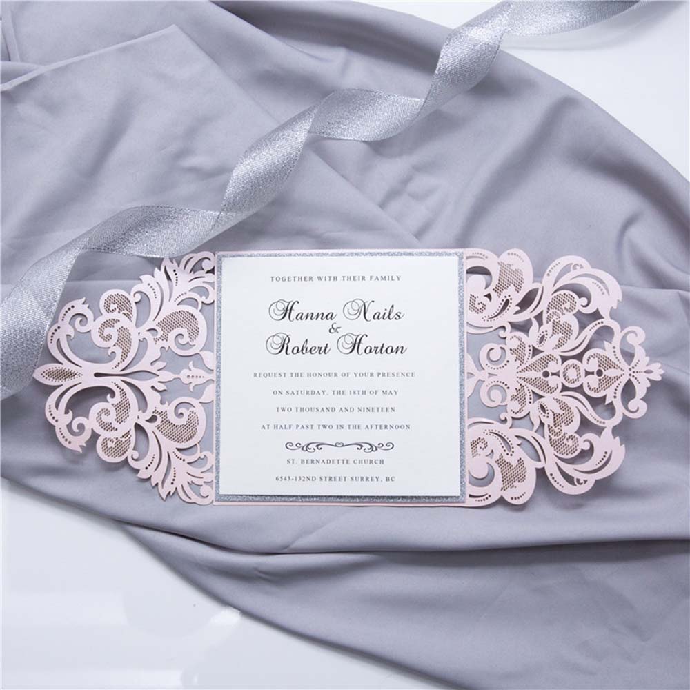 Luxurious laser cut wedding invite in pink and silver glitter - Click Image to Close