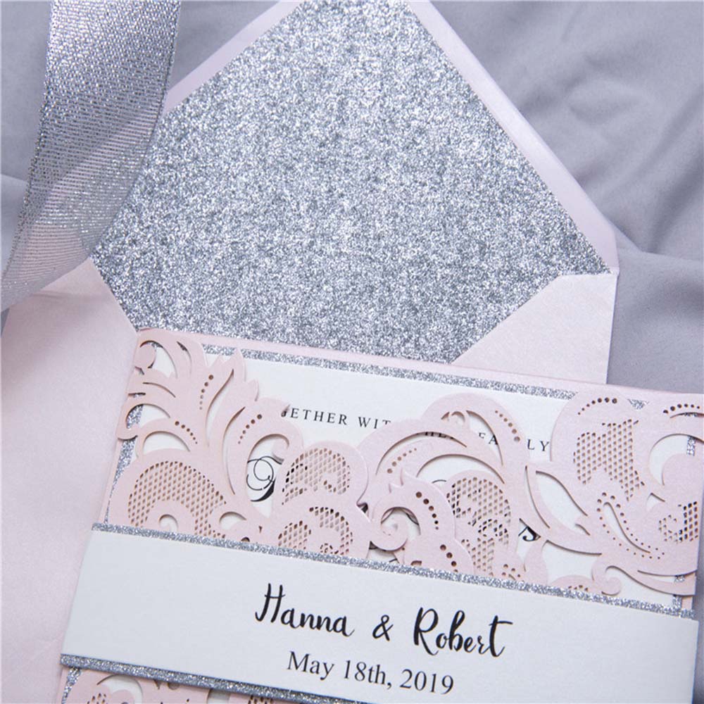 Luxurious laser cut wedding invite in pink and silver glitter - Click Image to Close