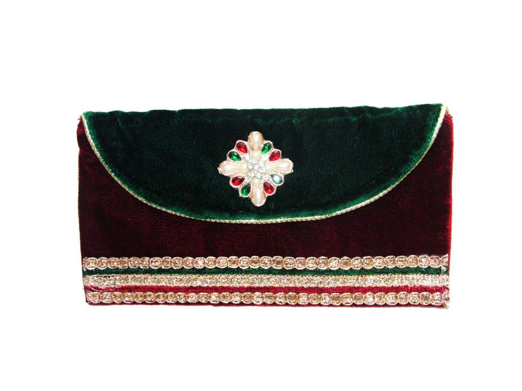 Maroon & green Velvet with broach hand clutch - Click Image to Close