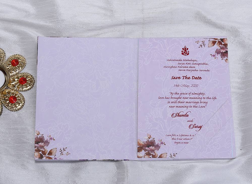 Mauve colour floral Indian wedding invitation - Click Image to Close